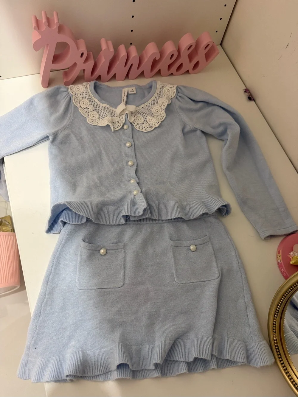 Janie and Jack Light Blue Knit Top & Skirt with Ivory Lace
